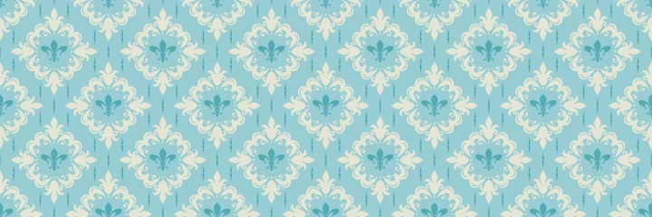 Behang Old fashioned background image with vintage ornament on blue backdrop for your design projects, seamless pattern, wallpaper textures with flat design. Vector illustration © PETR BABKIN