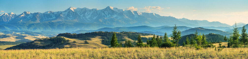 Fototapeta premium Large panorama, mountain landscape in evening light, Altai