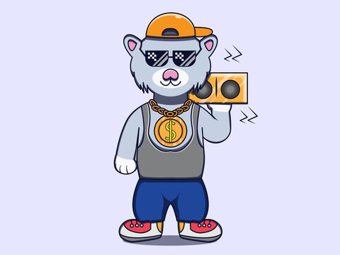 Cat dressed up in swag hip hop rapper style and stereo character vector icon illustration. Isolated flat design.
