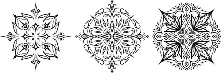 Vector ornament in black on a white background.  round Ornament Pattern. Set of circular mandala on blue background. Vector mandala. Mandala with floral patterns. Yoga template. pack mandalas