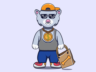 Cat dressed up in swag hip hop rapper style and paper bag character vector icon illustration. Isolated flat design.