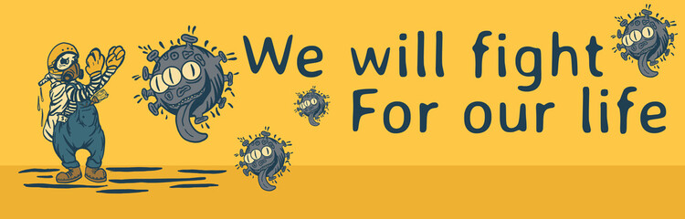 Illustration banner against corona virus with disinfectant on yellow background