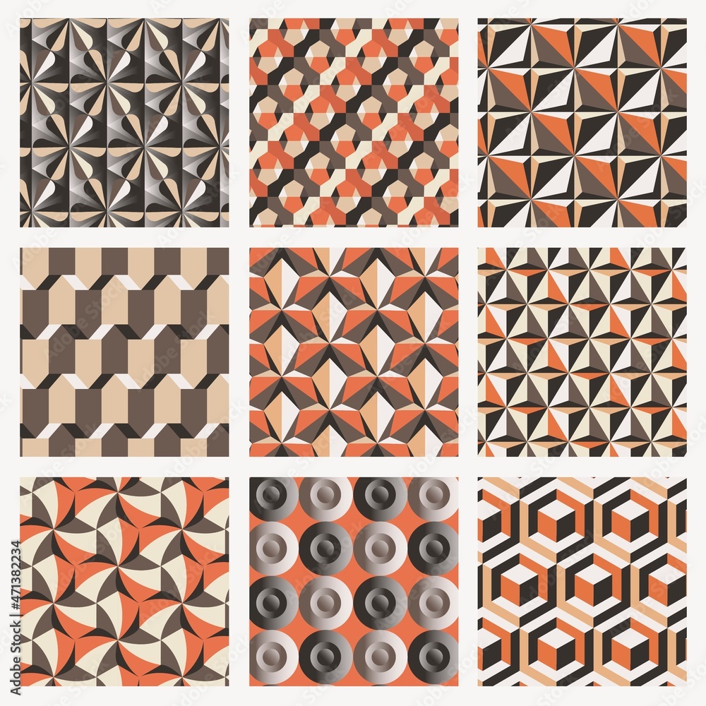 Aufkleber retro 3d geometric pattern vector orange background set