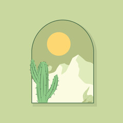 illustration of a cactus and desert landscape with a perfectly round sun
