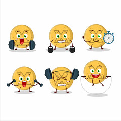 A healthy dalgona candy disagree cartoon style trying some tools on Fitness center