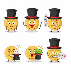 A dalgona candy disagree Magician cartoon character perform on a stage