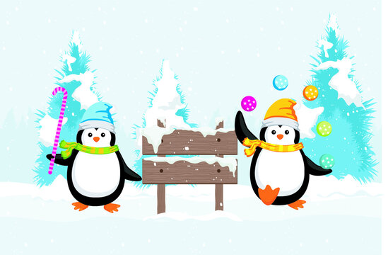 Penguin cute cartoon. Merry Christmas. Penguin in Christmas clothes in winter vector illustration

