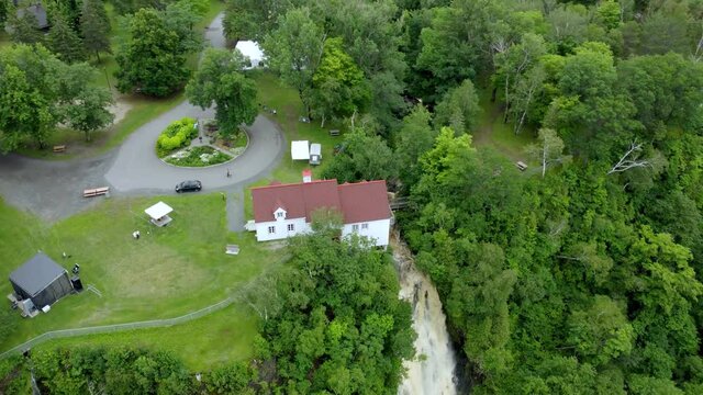Aerial View above Beautiful Cascading Waterfall in Town of Beaumont, Quebec
