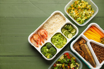 Lunchboxes with tasty healthy food on color wooden background