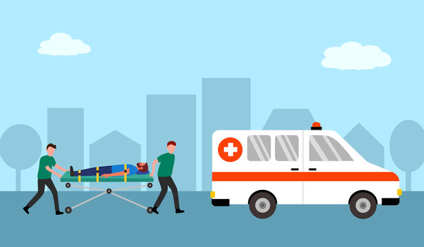 Professional medical emergency staffs carrying patient to hospital ambulance in flat design.