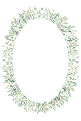 Watercolor oval frame. Spring foliage. Beautiful isolated clipart element for design.