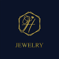 Golden Initial H Letter in Geometric hexagon with diamond for Jewelry business logo vector idea