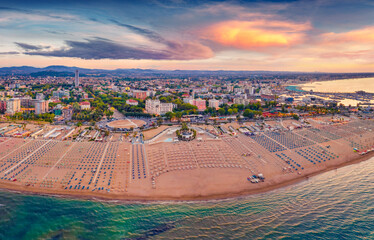 Impressive summer view from flying drone of Libera Rimini public beach. Wonderful summer scene of...
