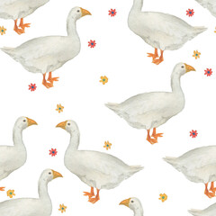 Watercolor painting seamless pattern with geese and flowers, rustic background