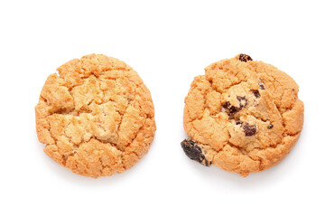 Delicious homemade cookies with raisins on white background