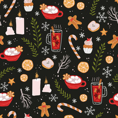 Winter holiday seamless pattern with treats, cocoa and other winter symbols. Christmas and New Year decorations.