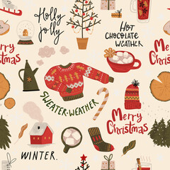 Winter holiday seamless pattern with sweater, snow, tree, cocoa and other winter symbols and hand lettering. Christmas and New Year decorations.