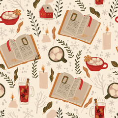 Winter holiday seamless pattern with book of fairy tales, cocoa and other winter symbols. Christmas and New Year decorations.