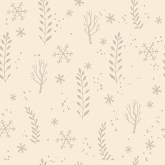 Winter holiday seamless pattern with snowflakes, branches and leaves. Christmas and New Year decorations.