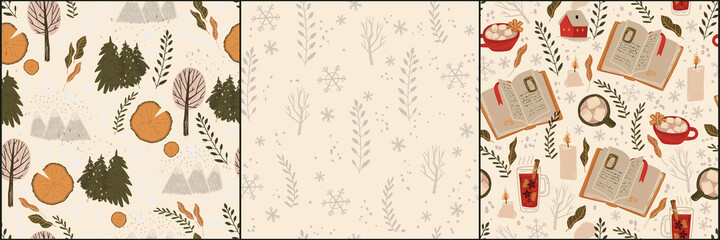 Winter holiday seamless pattern collection with book of fairy tales, cocoa, natural landscape, forest, field and other winter symbols. Christmas and New Year decorations.