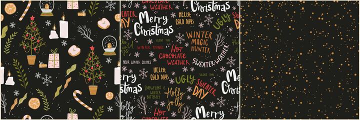 Fototapeta na wymiar Winter holiday seamless pattern collection with snow, tree, gifts, Christmas lettering and quotes and other winter celebration symbols. Christmas and New Year decorations.