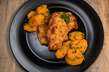 Recipe for breaded chicken cutlet, glazed carrots