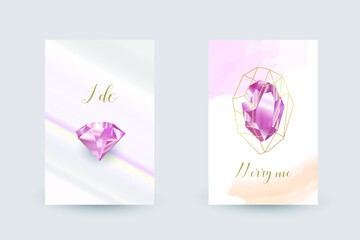 Pink crystal, Rose Quartz wedding vector cards. Gold line art. Sparkling gems. Natural stone. Trendy glitter invitation.