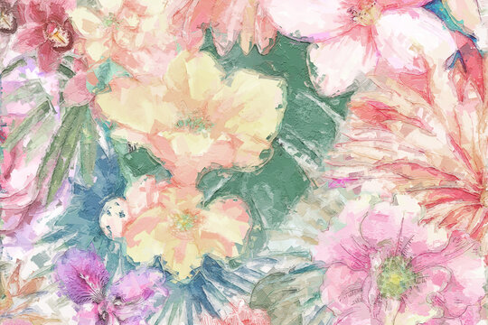 Beautiful abstract oil painting rose flower and bouquet illustration