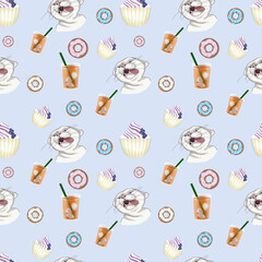 Funny cats. Donuts, Iced Lemonade, Cake with cream and blueberries. Seamless pattern