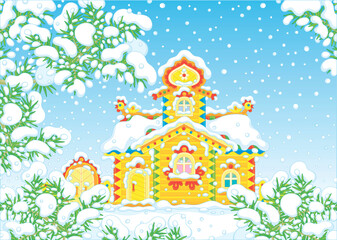 Traditional country wooden house with colorful carved decorations on a snowy winter day, vector cartoon illustration