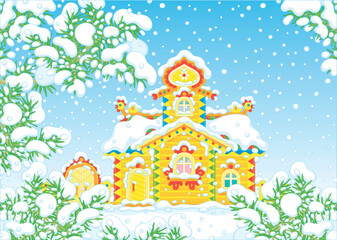 Obraz premium Traditional country wooden house with colorful carved decorations on a snowy winter day, vector cartoon illustration