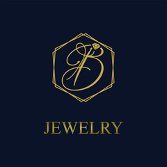 Golden Initial B Letter in Geometric hexagon with diamond for Jewelry business logo vector idea