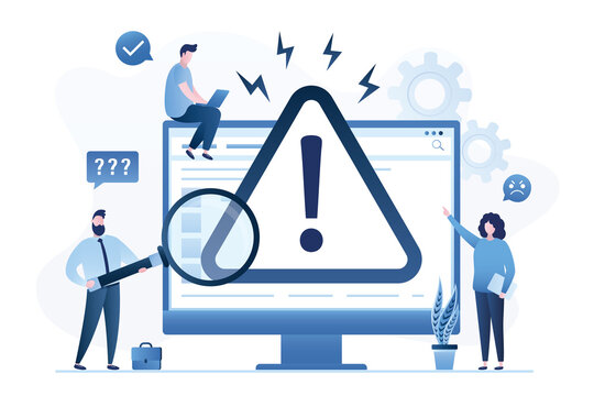 Experts diagnose computer, operating system problem. Programmers and users analyze software. Setting up personal computer. Big warning sign on screen. Digital technology.