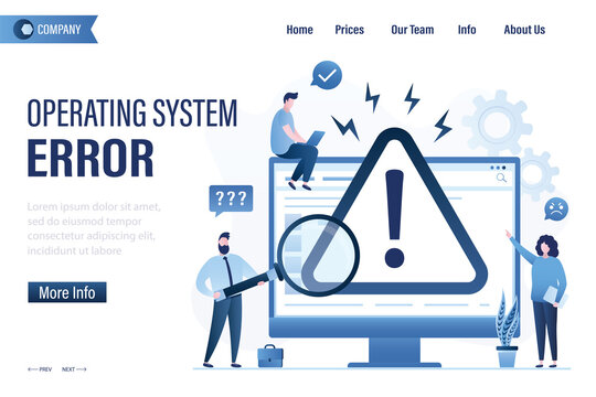 Experts diagnose computer. Operating system error, landing page template. Programmers and users analyze software. Setting up personal computer.