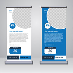 Travelling blue and white roll up banner design template