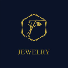 Golden Initial T Letter in Geometric hexagon with diamond for Jewelry business logo vector idea