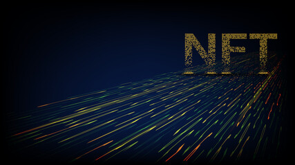 NTF non fungible token from crumbled falling golden cubes standing on the flowing digital stream. Pay for unique collectibles in games or art. Colorful header or banner.