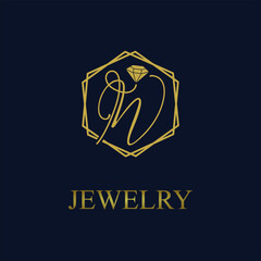 Golden Initial W Letter in Geometric hexagon with diamond for Jewelry business logo vector idea