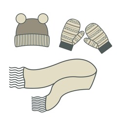 A set of winter knitted accessories - a beanie hat, scarf and mittens. Vector flat illustration isolated on white background
