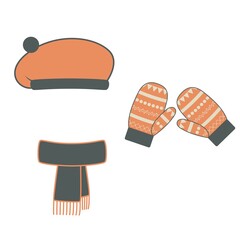 A set of winter knitted accessories - a beret, scarf and mittens. Vector flat illustration isolated on white background