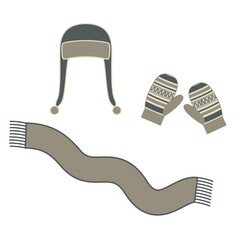 A set of winter accessories - a hat with ear flaps, scarf and mittens. Vector flat illustration isolated on white background