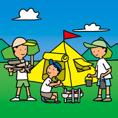 キャンプ場で炊事の用意をする3人の子供たち