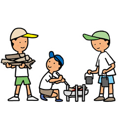 キャンプ場で炊事の用意をする3人の子供たち