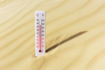 Sea coast at hot summer day. Celsius and fahrenheit scale thermometer in the sand. Ambient temperature plus 37 degrees celsius - obrazy, fototapety, plakaty
