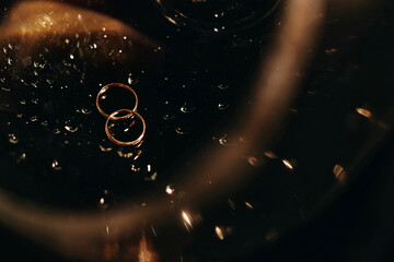 Wedding rings, dark background, golden light.