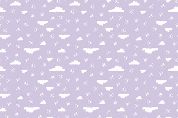 Seamless background pattern of white clouds and hearts elements on purple background. Vector hand drawn illustration. Creative for kids clothes, wrapping, textile, apparel, fabric.