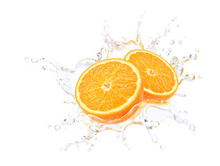 Orange cut in half with water splash  isolated on white background.