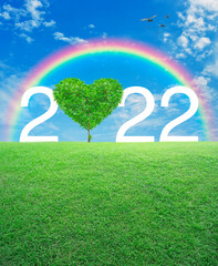 Tree in the shape of heart love with 2022 white text on green grass field over rainbow, birds and blue sky with white clouds, Valentines day 2022 cover concept