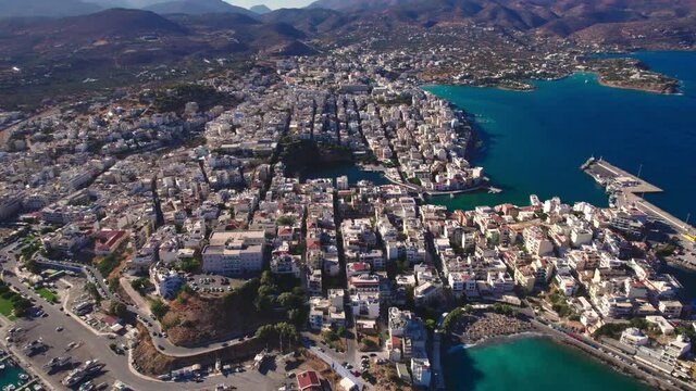 A bird's eye view of the Greek city of Agios Nikolaos. A beautiful European Mediterranean city.