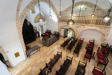 An inside view of the ancient synagogue in the Jewish quarter of Jerusalem in the 16th century,...